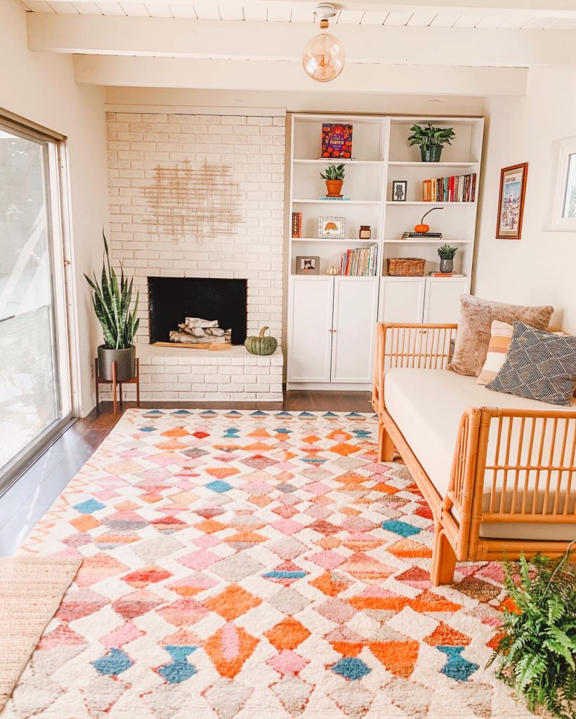 colorful diamond rug in living room