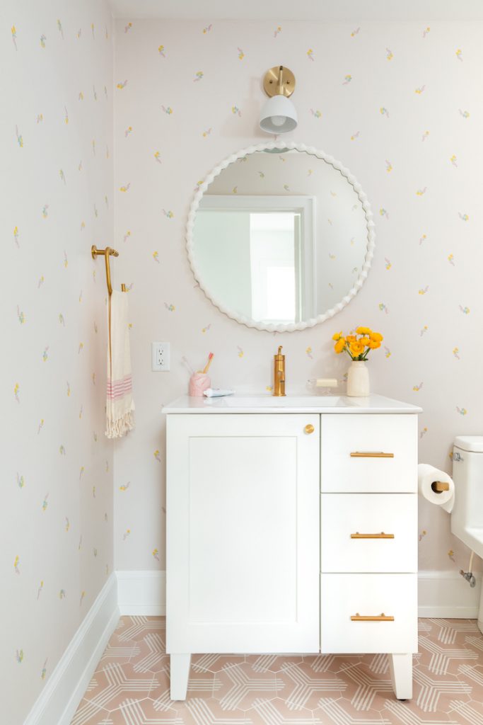 powder room with wallpaper
