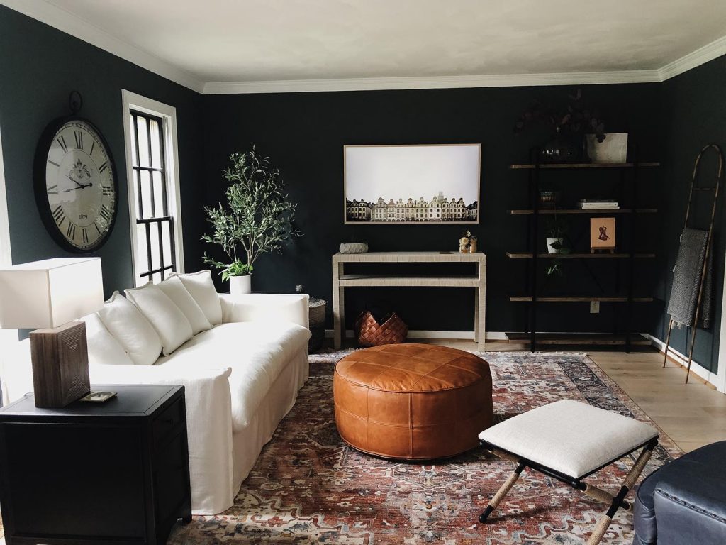 living room with black walls