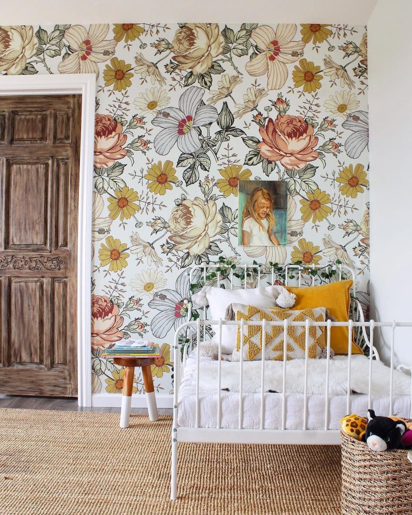 kids bedroom with floral wallpaper