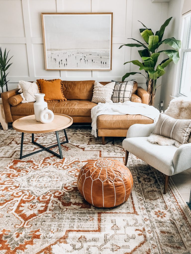 boho living room with traditional rug
