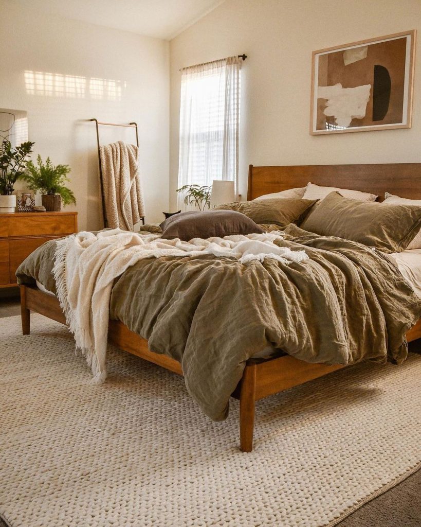 A wool rug under a linen-adorned bed is a dream come true. 