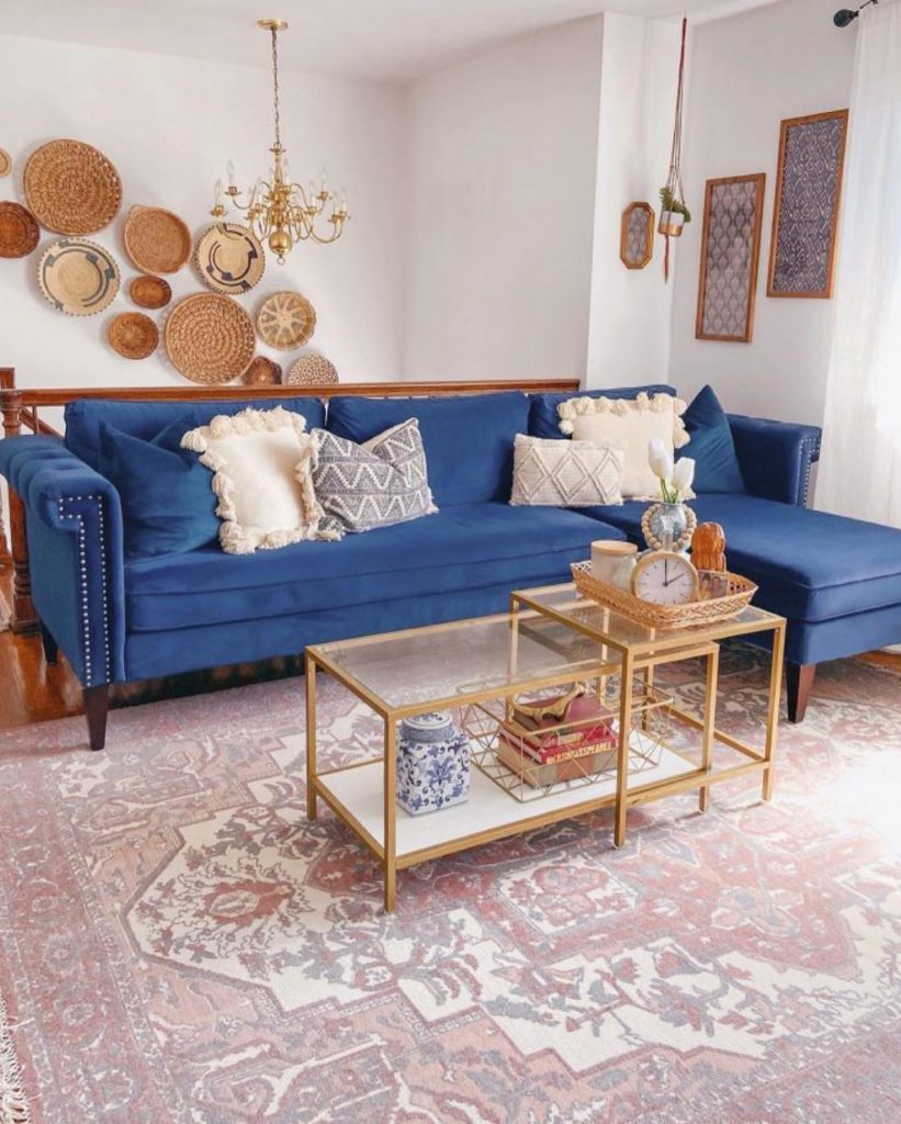 rug for blue and navy velvet couch