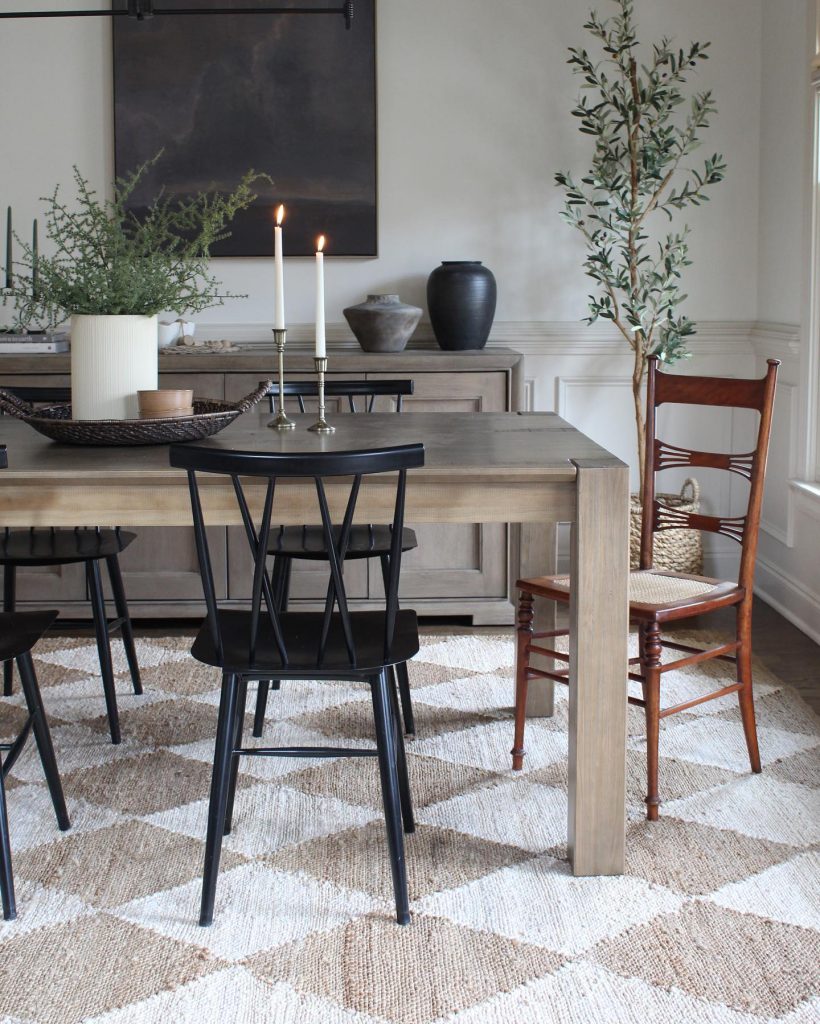 graphic checkered rugs in dining room