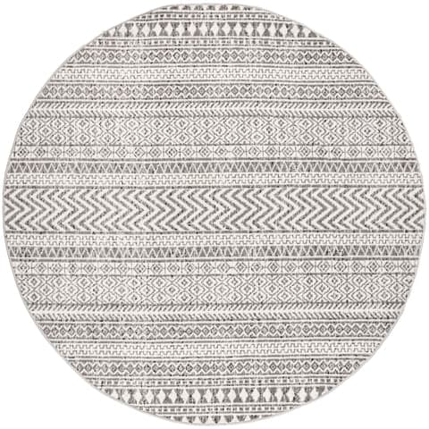Isolated view of Grey Round Devin Geometric Banded Rug, showcasing its design
