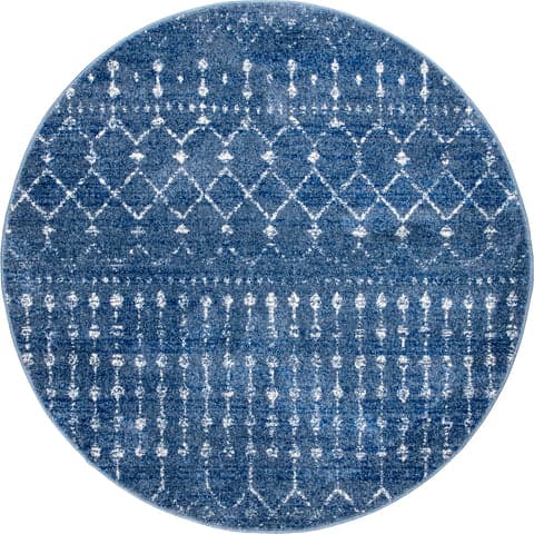Isolated view of Dark Blue Round Moroccan Trellis Rug, showcasing its design