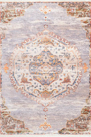 Isolated view of Grey Rectangle Frilly Ornate Medallion Fringe Rug, showcasing its design