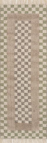 Isolated view of Green/Grey Runner Memphis Modern Checkered Hand Woven Rug, showcasing its design