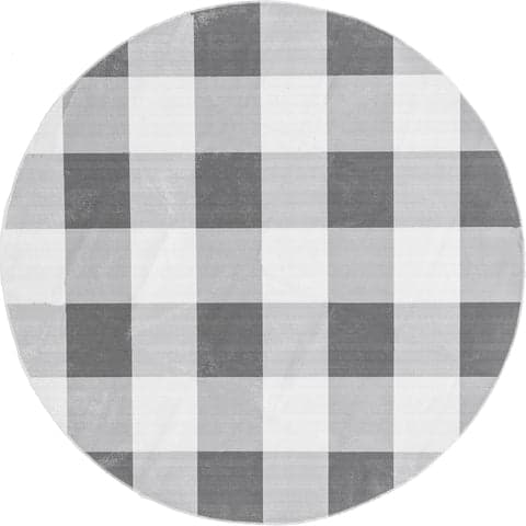 Isolated view of Grey Round Alanna Buffalo Plaid Washable Rug, showcasing its design