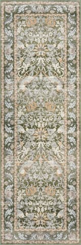 Isolated view of Green Runner Mauri Bordered Floral and Paisley Washable Rug, showcasing its design