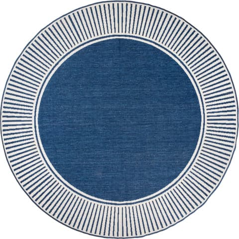 Isolated view of Navy Round Striped Border Indoor/Outdoor Flatweave Rug, showcasing its design