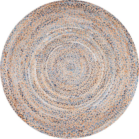Isolated view of Blue Round Hand Braided Twined Jute And Denim Rug, showcasing its design