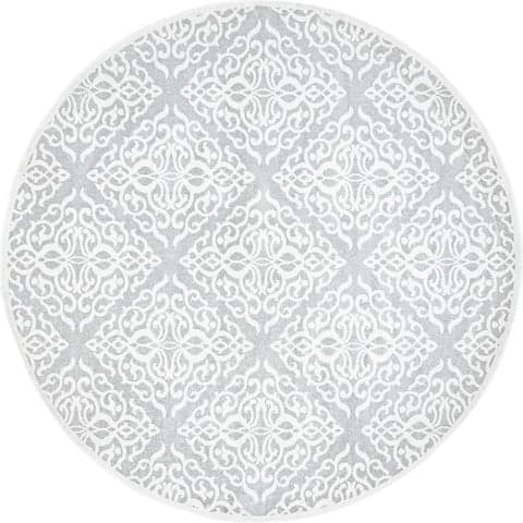 Isolated view of Grey Round Wrought Iron Trellis Rug, showcasing its design