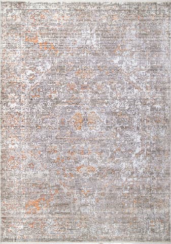 Isolated view of Beige Rectangle Gardenia Medallion Fringe Rug, showcasing its design