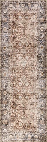 Isolated view of Brown Runner Eula Floral Spill Proof Washable Rug, showcasing its design