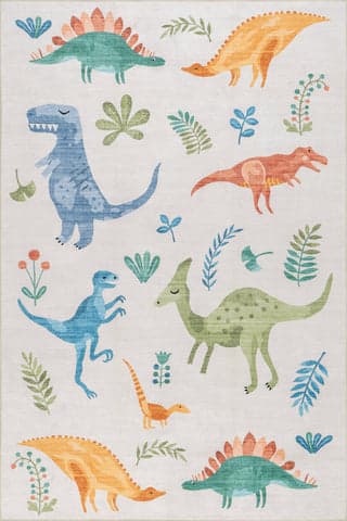 Isolated view of White Multicolor Rectangle Kayleigh Kids Spill Proof Washable Dinosaur Rug, showcasing its design