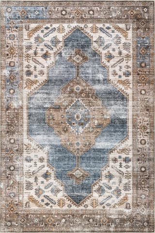 Isolated view of Blue Rectangle Native Iris Medallion Spill Proof Washable Rug, showcasing its design