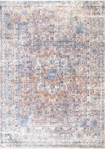 Isolated view of Blue Rectangle Wreath Medallion Fringe Rug, showcasing its design