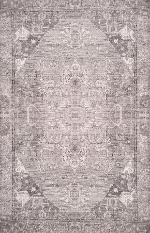 Isolated view of Grey Rectangle Florid Tribal Medallion Printed Rug, showcasing its design