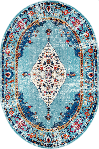 Isolated view of Aqua Oval Iris Fading Oriental Medallion Rug, showcasing its design