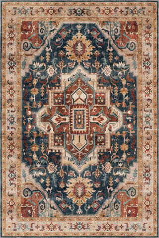 Isolated view of Dark Blue Rectangle Jewel Medallion Spill Proof Washable Rug, showcasing its design