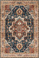 Isolated view of Dark Blue Rectangle Jewel Medallion Spill Proof Washable Rug, showcasing its design