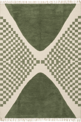 Isolated view of Green Rectangle Monda Moroccan Bohemian Hand Woven Rug, showcasing its design