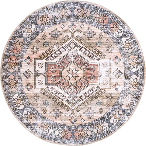 Isolated view of Peach Round Nordic Emblems Washable Rug, showcasing its design