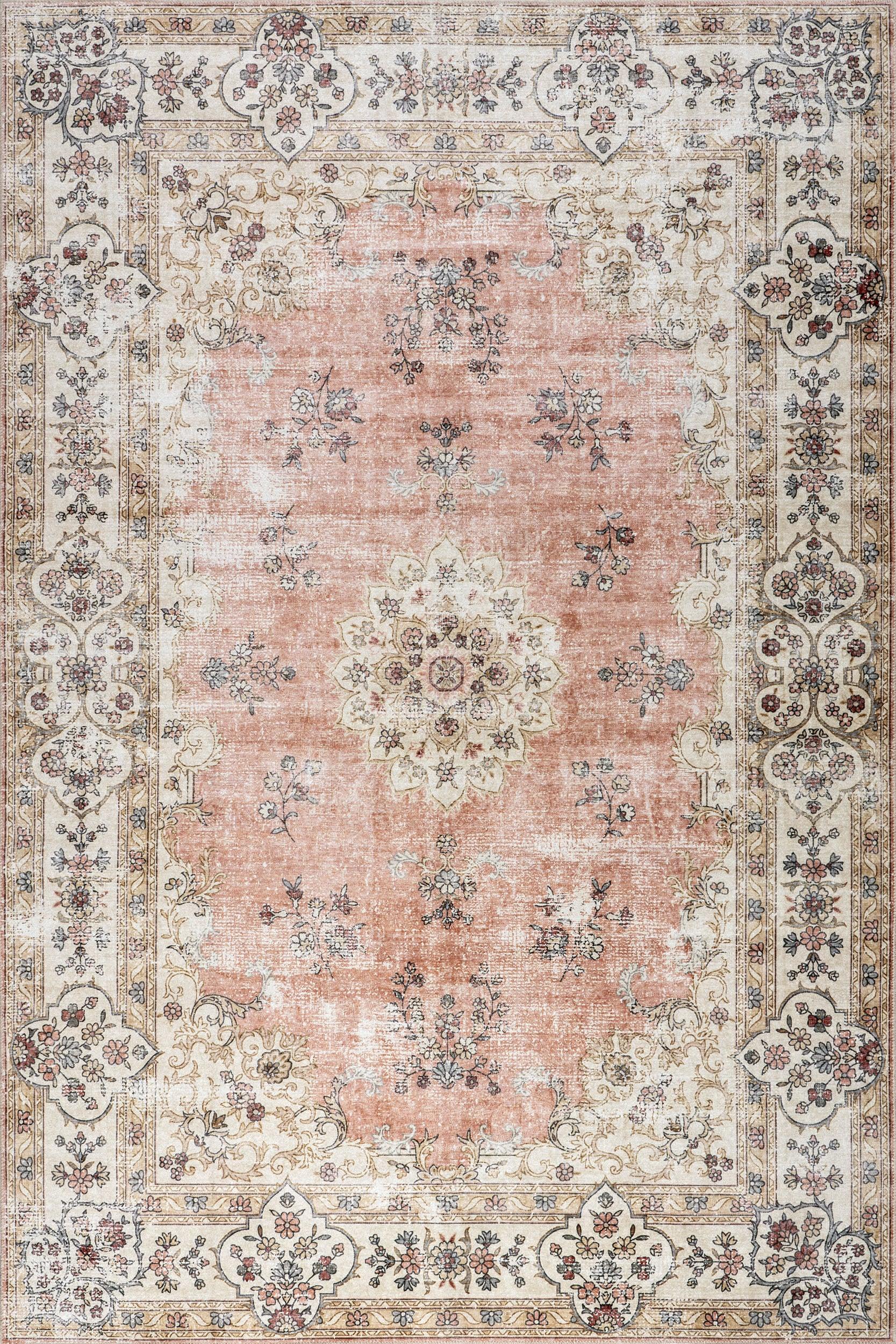 Rosette Medallion Spill Proof Washable Rug | Peach – Rugs USA