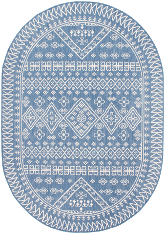 Isolated view of Blue Oval Diamond Bordered Indoor/Outdoor Rug, showcasing its design