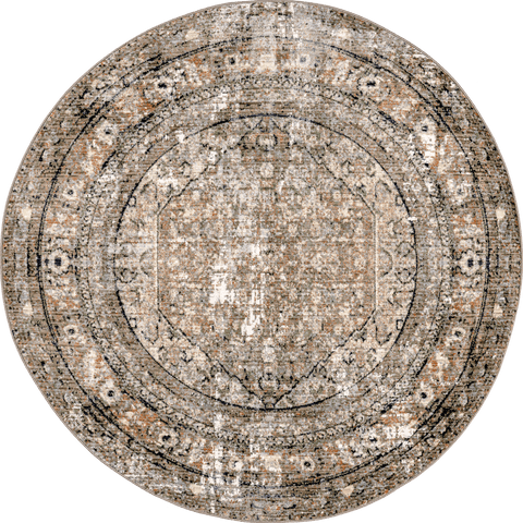 Isolated view of Beige Round Vintage Medallion Fringe Rug, showcasing its design