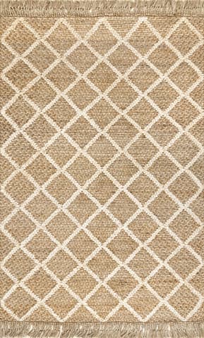 Isolated view of Natural Rectangle Diamond Trellis With Tassels Rug, showcasing its design