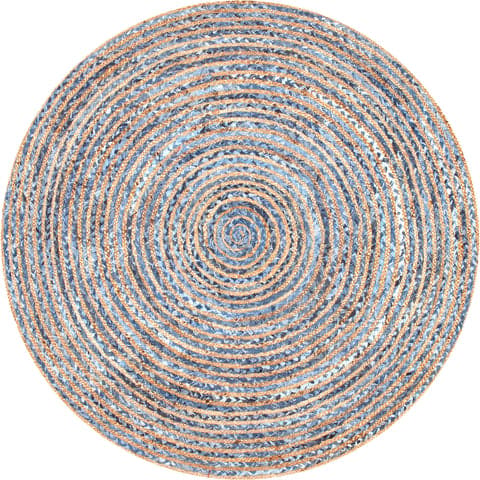 Isolated view of Blue Round Hand Braided Jute And Denim Striped Rug, showcasing its design