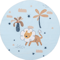 Isolated view of Baby Blue Round Dael Dreaming Lion Kids Washable Rug, showcasing its design