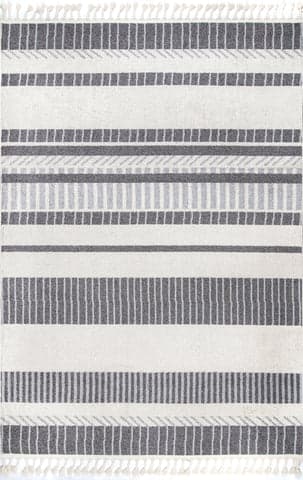 Isolated view of Beige Rectangle Striated Stripes Tassel Rug, showcasing its design