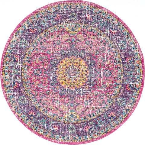 Isolated view of Fuchsia Round Distressed Persian Rug, showcasing its design