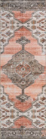 Isolated view of Peach Runner Native Iris Medallion Spill Proof Washable Rug, showcasing its design