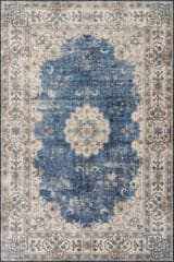 Isolated view of Blue Rectangle Rosette Medallion Spill Proof Washable Rug, showcasing its design