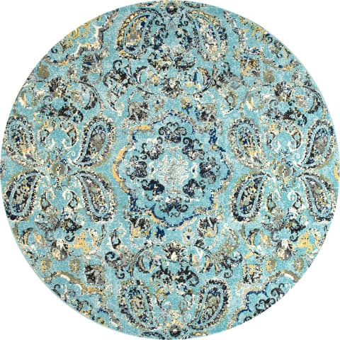 Isolated view of Aqua Round Pointelle Paisley Rug, showcasing its design