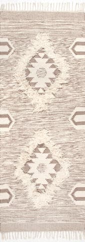 Isolated view of Beige Runner Shaggy Moroccan Lattice Fringe Rug, showcasing its design