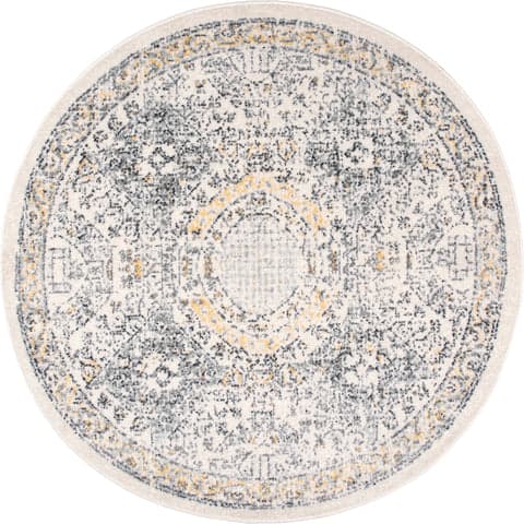 Isolated view of Gold Round Honeycomb Labyrinth Rug, showcasing its design