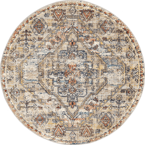 Isolated view of Beige Round Cardinal Cartouche Rug, showcasing its design