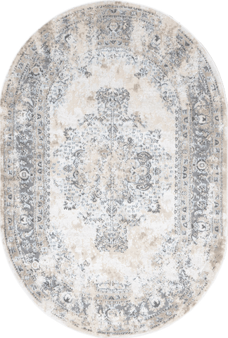 Isolated view of Silver Oval Milky Medallion Rug, showcasing its design