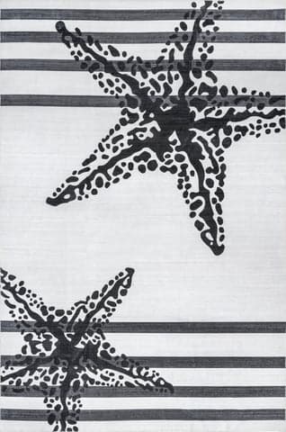 Isolated view of Grey Rectangle Maddy Starfish and Stripes Washable Rug, showcasing its design