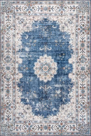 Isolated view of Blue Rectangle Rosette Medallion Washable Rug, showcasing its design