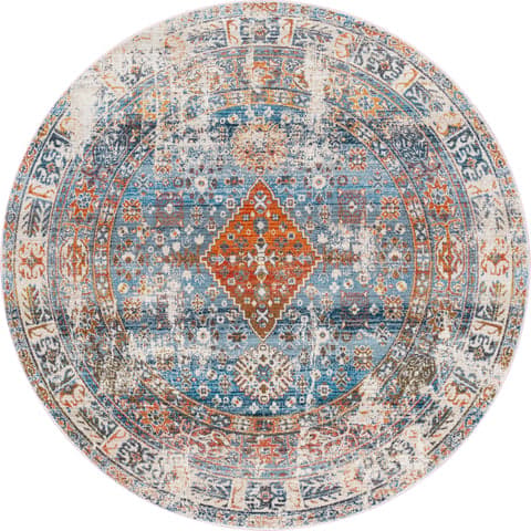 Isolated view of Blue Round Archer Distressed Medallion Rug, showcasing its design