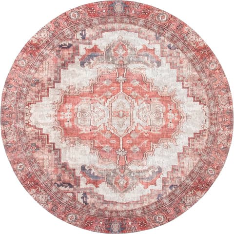 Isolated view of Blush Round Iris Medallion Washable Rug, showcasing its design