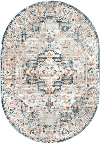 Isolated view of Grey Oval Winged Cartouche Rug, showcasing its design