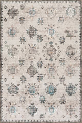Isolated view of Ivory Rectangle Brenda Hazy Heraldry Spill Proof Washable Rug, showcasing its design
