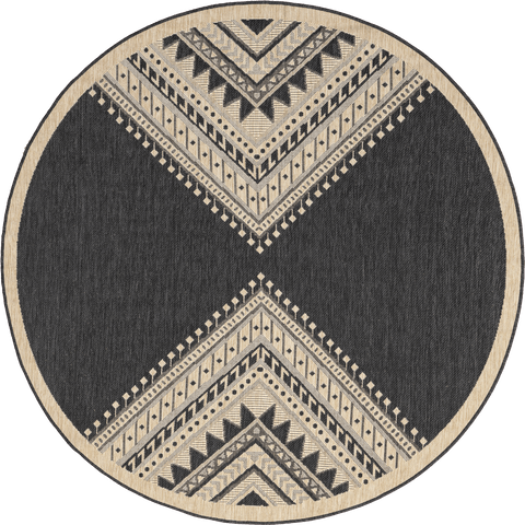 Isolated view of Charcoal Round Aztec Prism Indoor/Outdoor Rug, showcasing its design